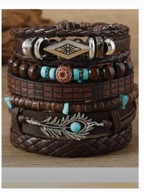 Rustic Boho Leather & Turquoise Color Bracelet Set